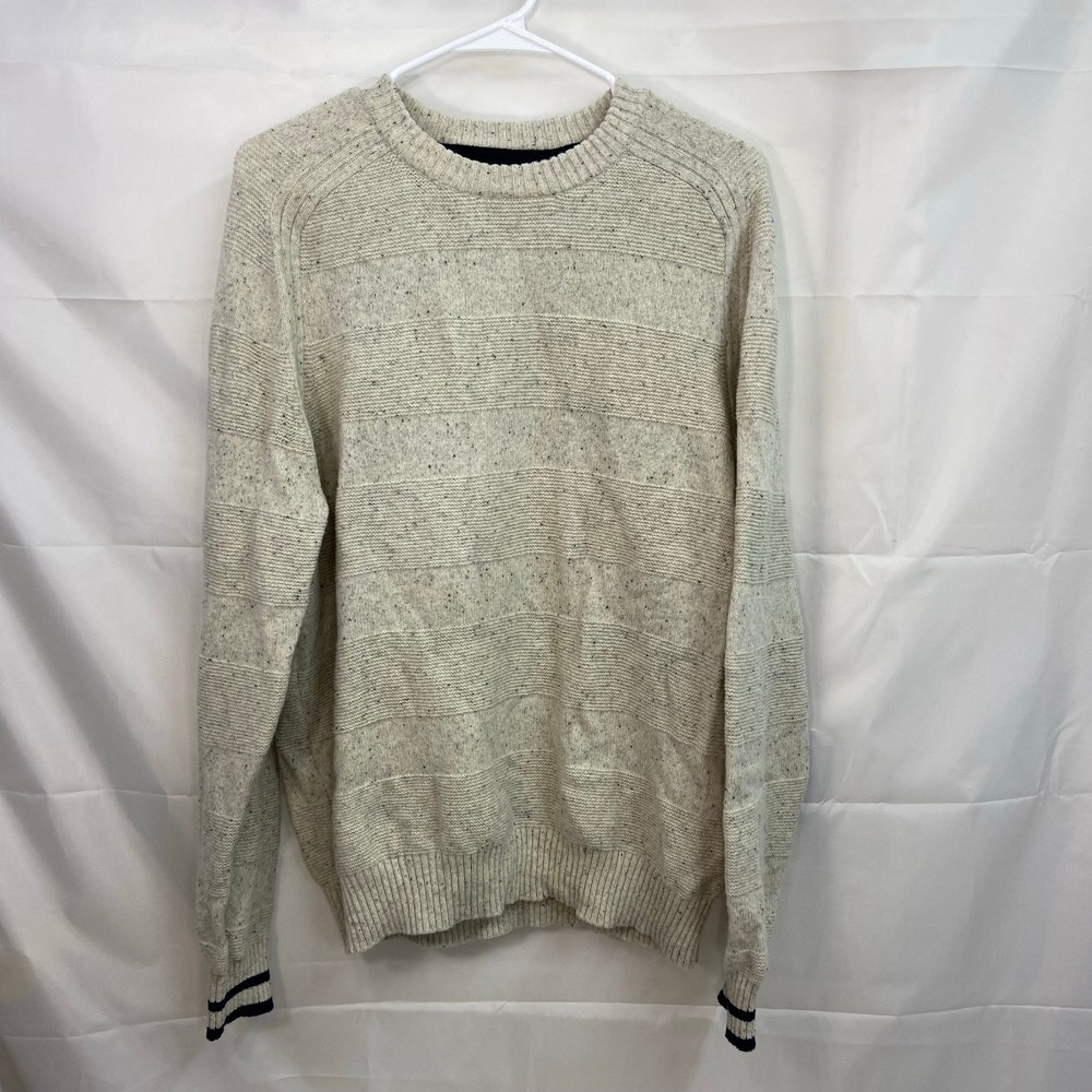 Lands' End men's cream tan lambswool knit ribbed‎ crew warm winter sweater XL